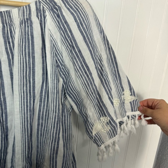 John Mark Top XL Linen Floral Stripes Embroidered Tassels Casual Coastal - Picture 9 of 10